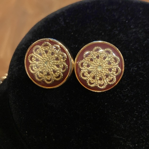 Necklace Earring Set Burgundy Lacquer Gold Tone - Picture 2 of 4